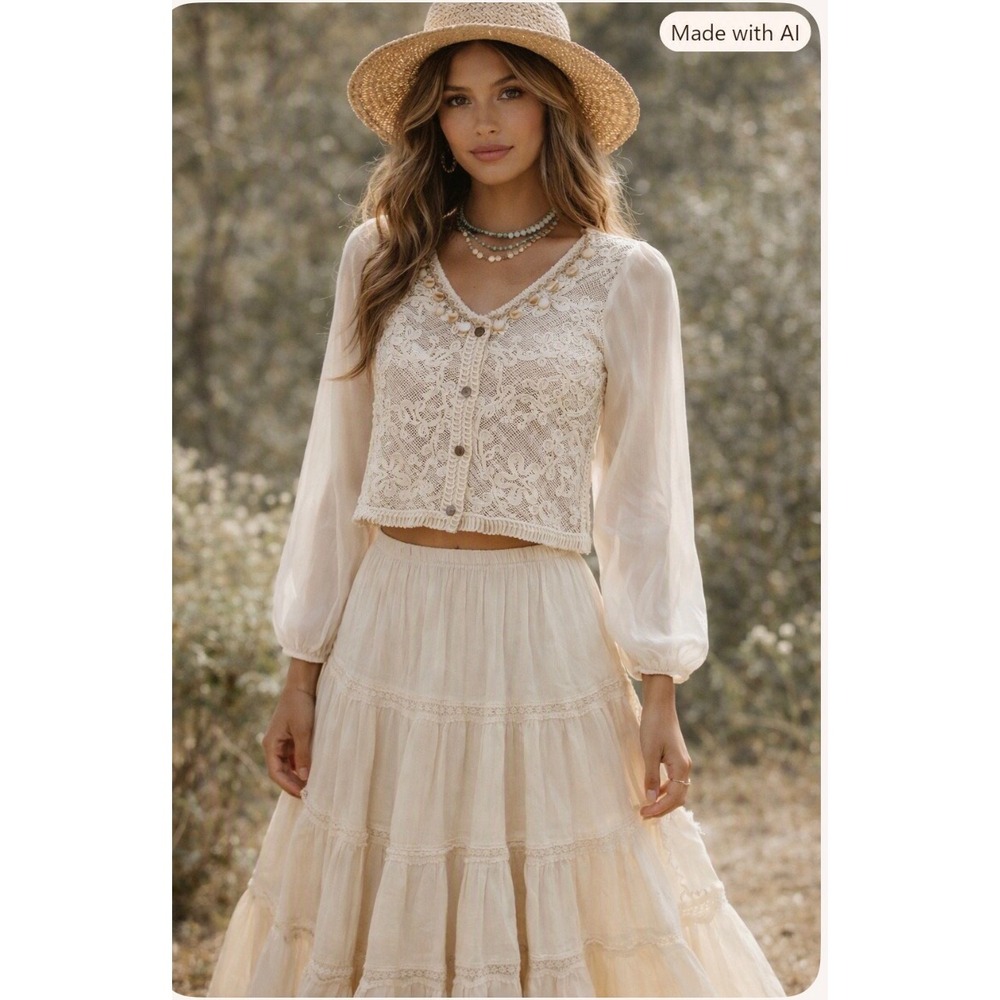 Handmade vintage 90s boho romantic ivory mesh cardigan top, shell buttons
M